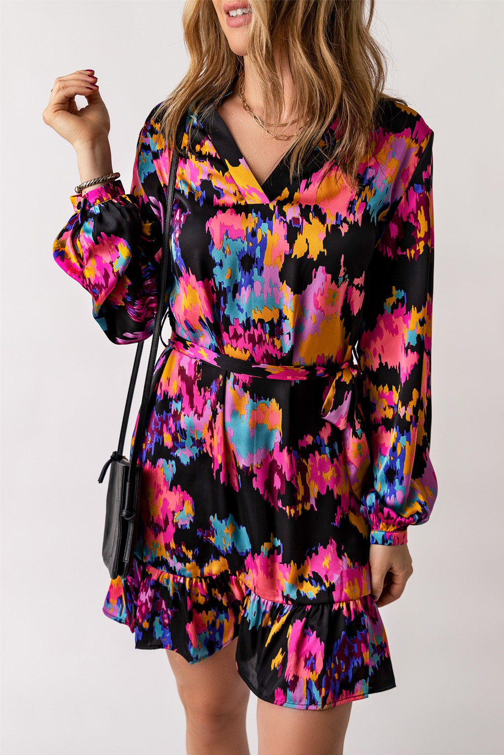 Abstract Print Waist Belted Flounce Hem Split V Neck Long Sleeve Dress