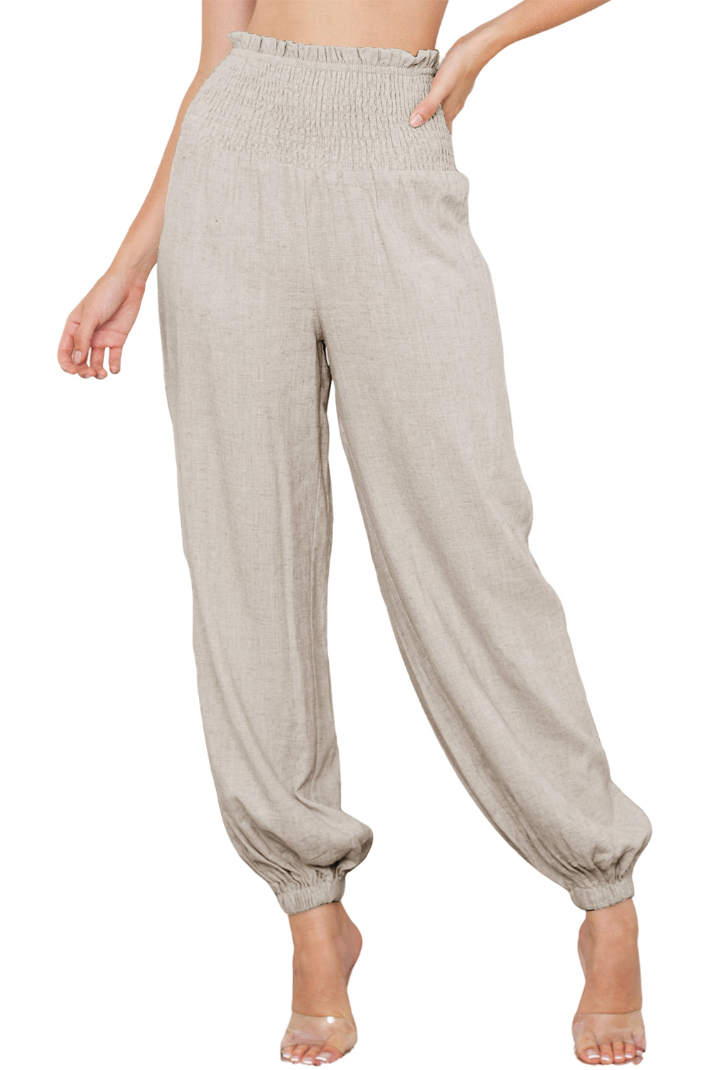 Apricot Smocked High Waist Loose Jogger Pants