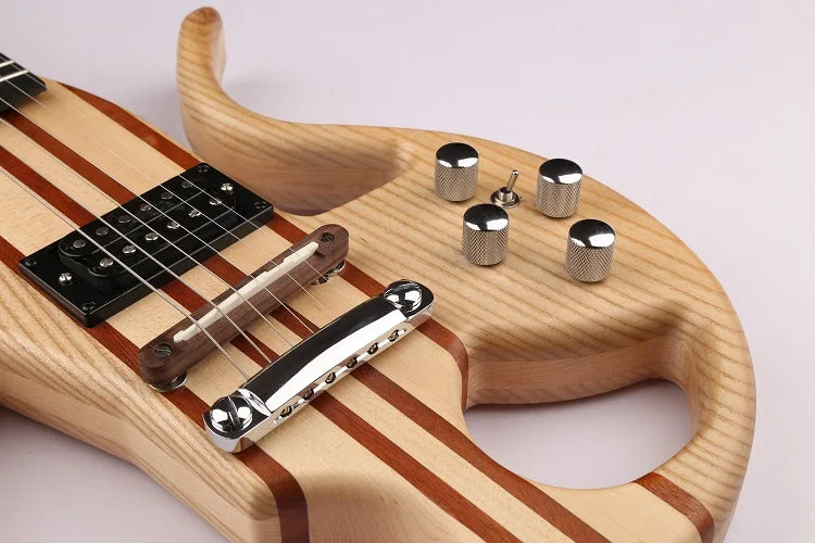 GECKO Natural Solid Mahogany Hollow Electric Guitar Wood Neck-Thru Body Silent Electric Guitar With Built-in Distortion Pedal