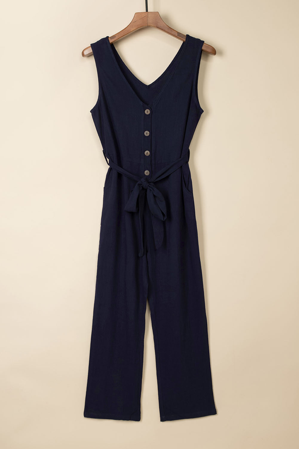 Blue V Neck Button Belted Jumpsuit With Pockets