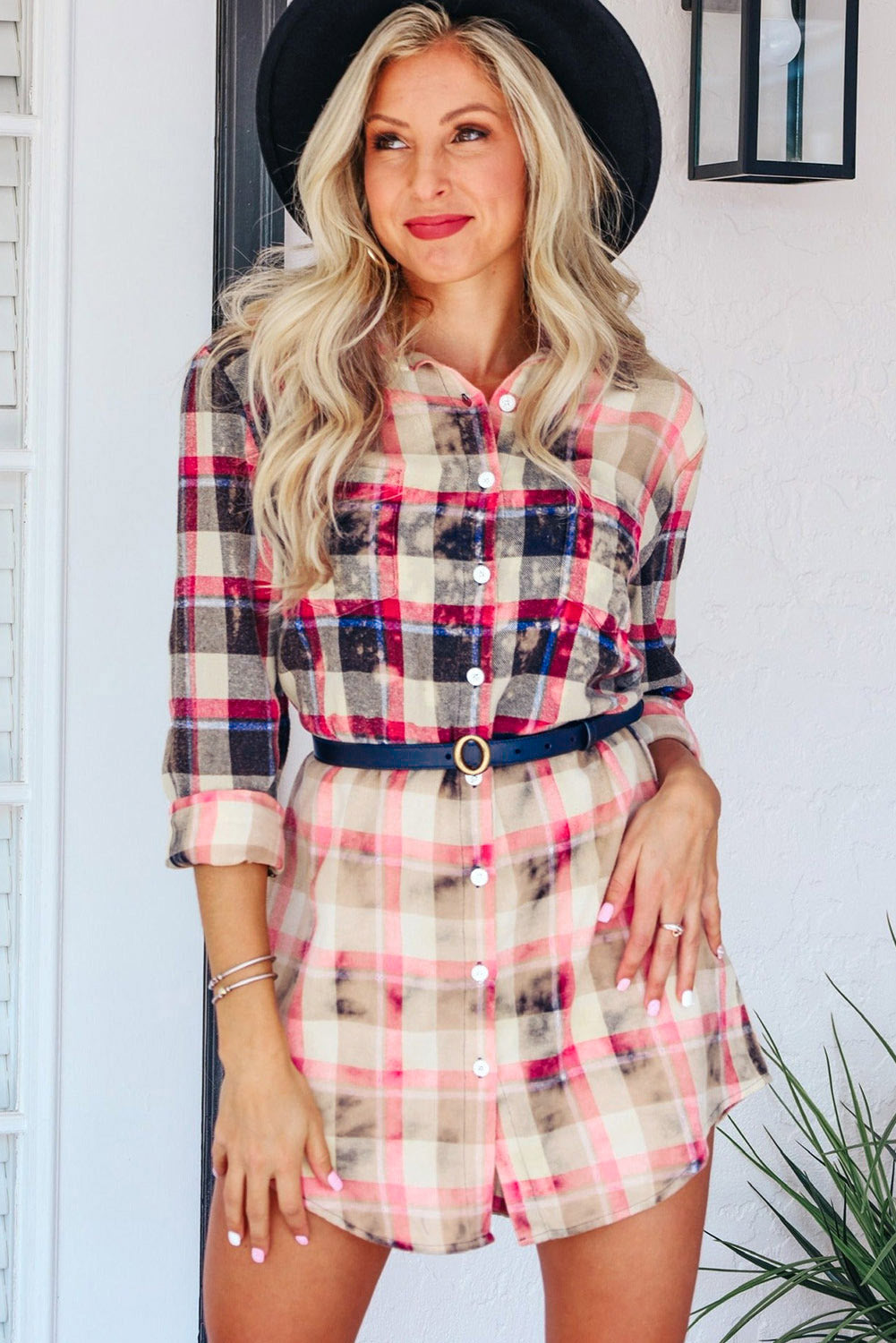 Red Gradient Plaid Long Sleeve Button Down Shirt Dress