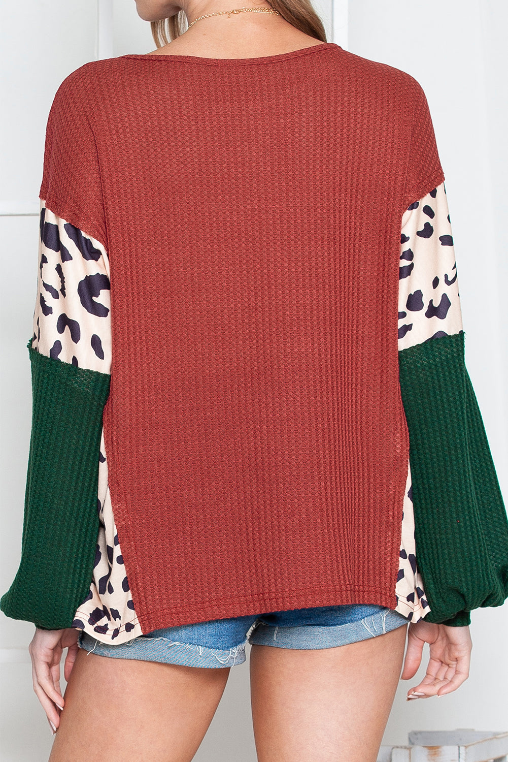 Brown Waffle Leopard Splicing Bishop Sleeve Top