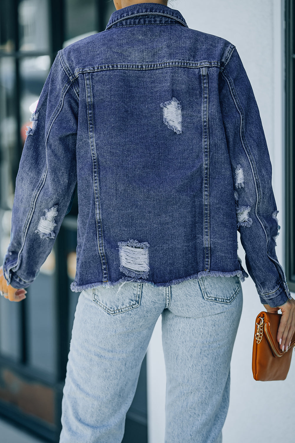 Black Casual Distressed Raw Hem Buttons Denim Jacket