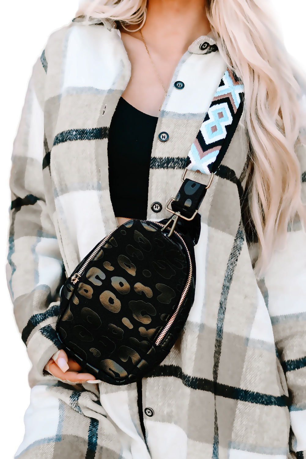 Black Leopard Geometric Print Strap Western Zip Crossbody Bag