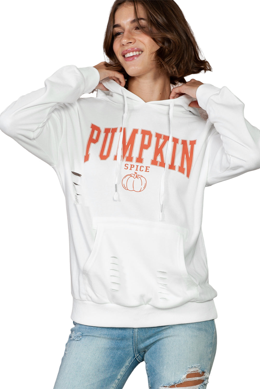 White PUMPKIN SPICE Distressed Graphic Hoodie