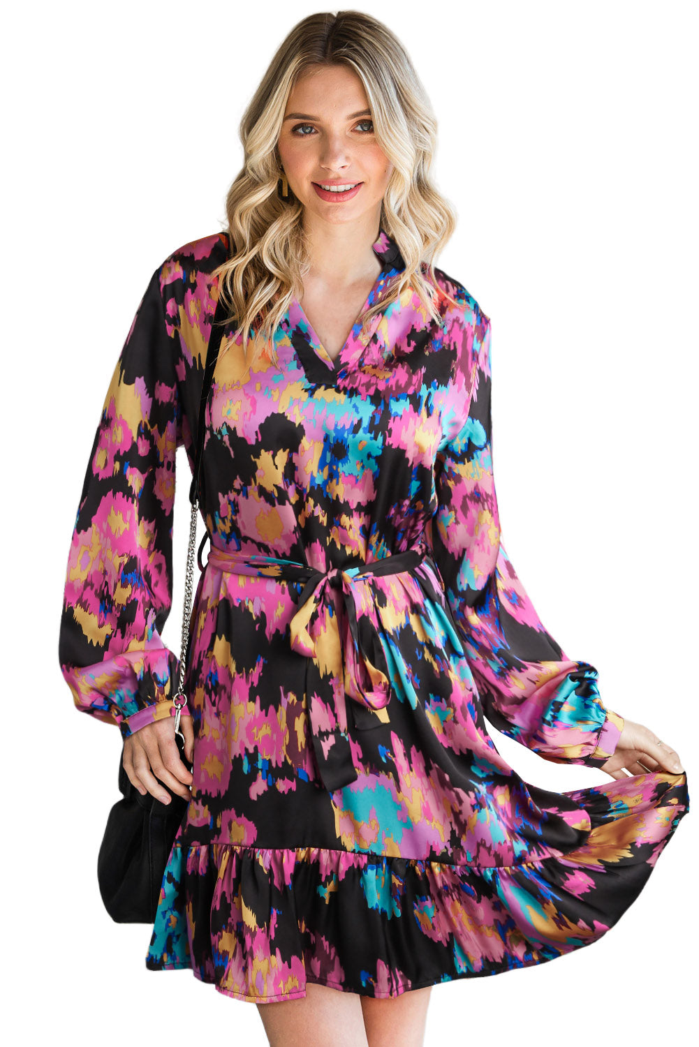 Abstract Print Waist Belted Flounce Hem Split V Neck Long Sleeve Dress