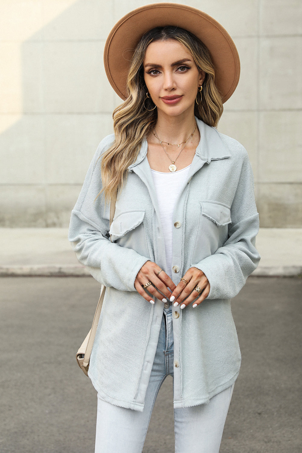 Black Plain Textured Button Up Shirt Shacket with Flap Pockets