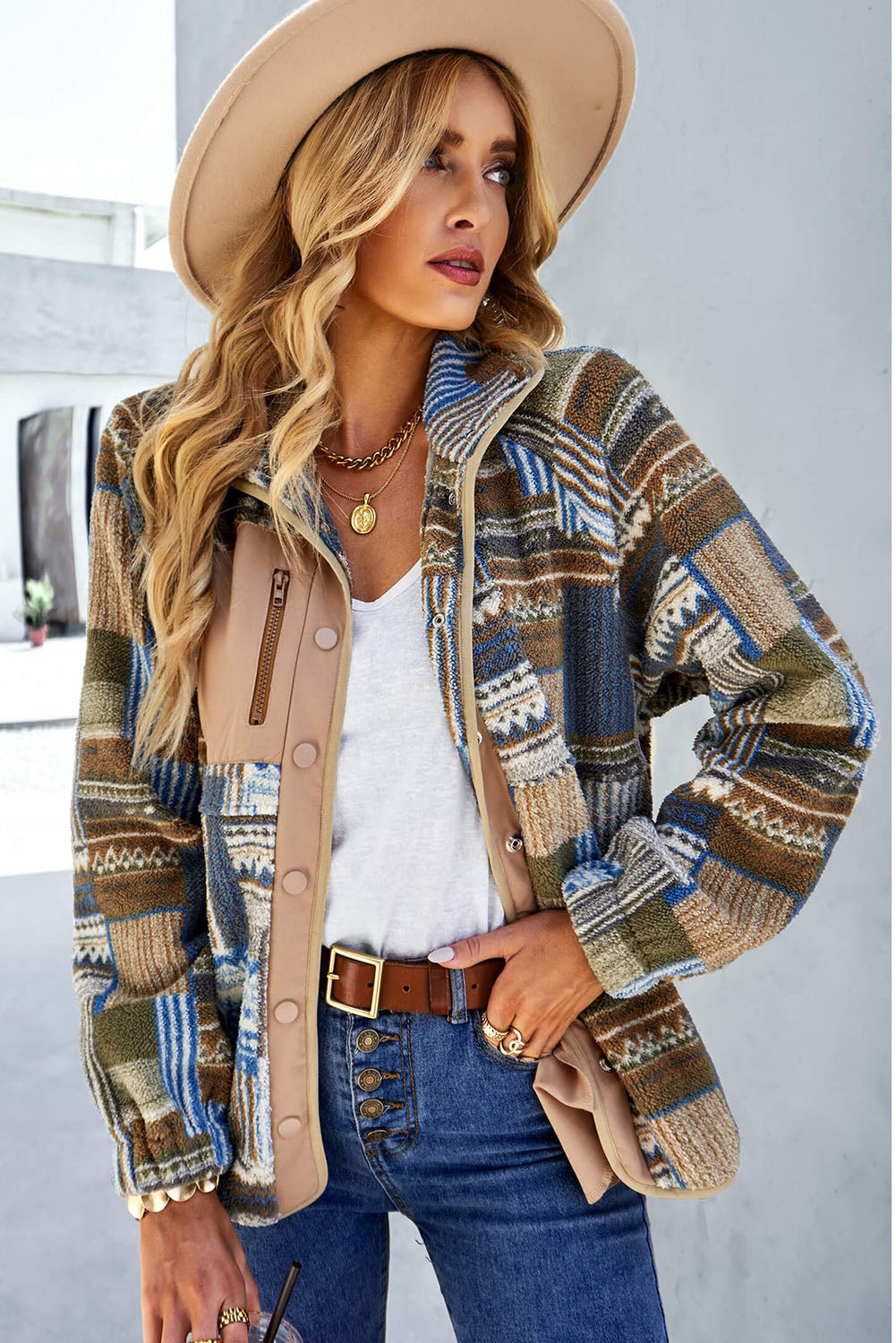 Pink Geometric Colorblock Snap Button Sherpa Jacket