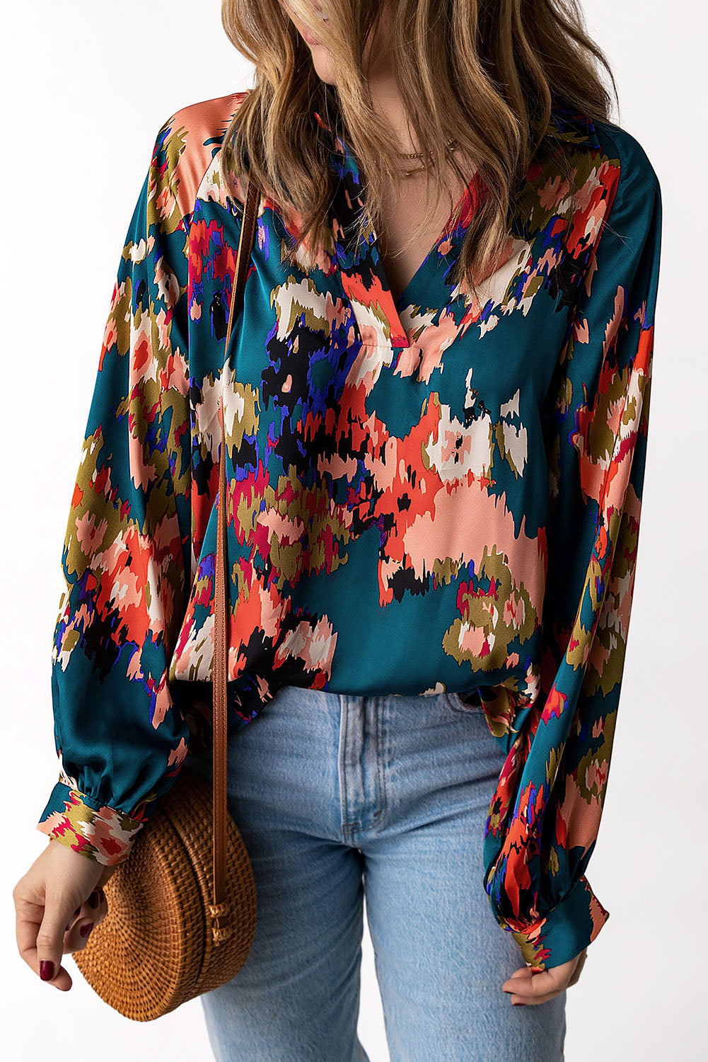 Green Graffiti Colorblock Casual V Neck Puff Sleeve Blouse