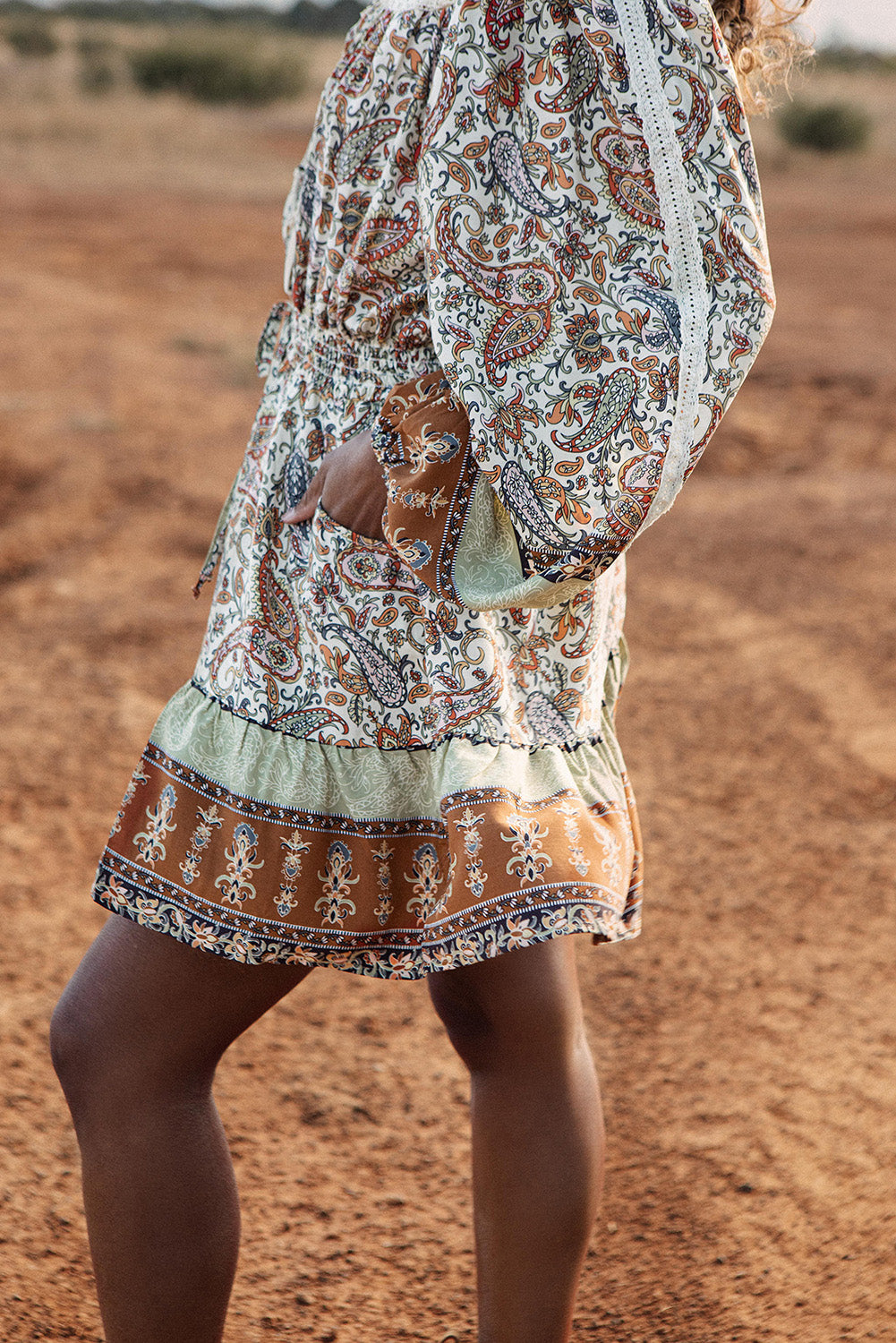 Multicolor Lace Splicing Split Neck Paisley Ruffle Mini Dress
