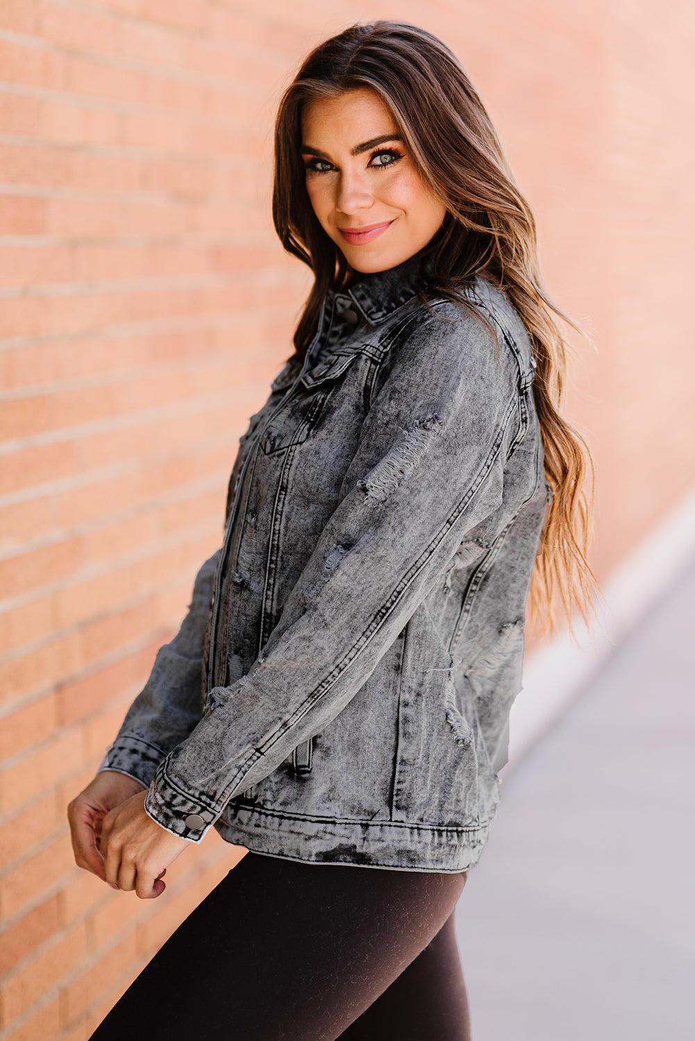Grey Distressed Buttons Washed Denim Jacket