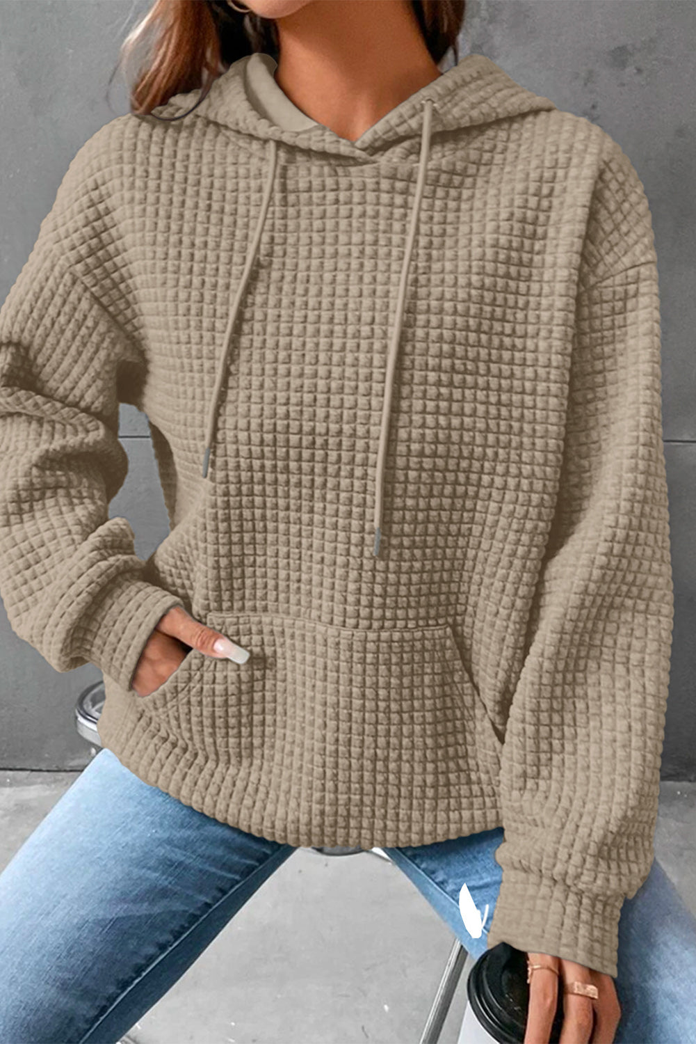 Khaki Lattice Textured Kangaroo Pocket Drawstring Hoodie