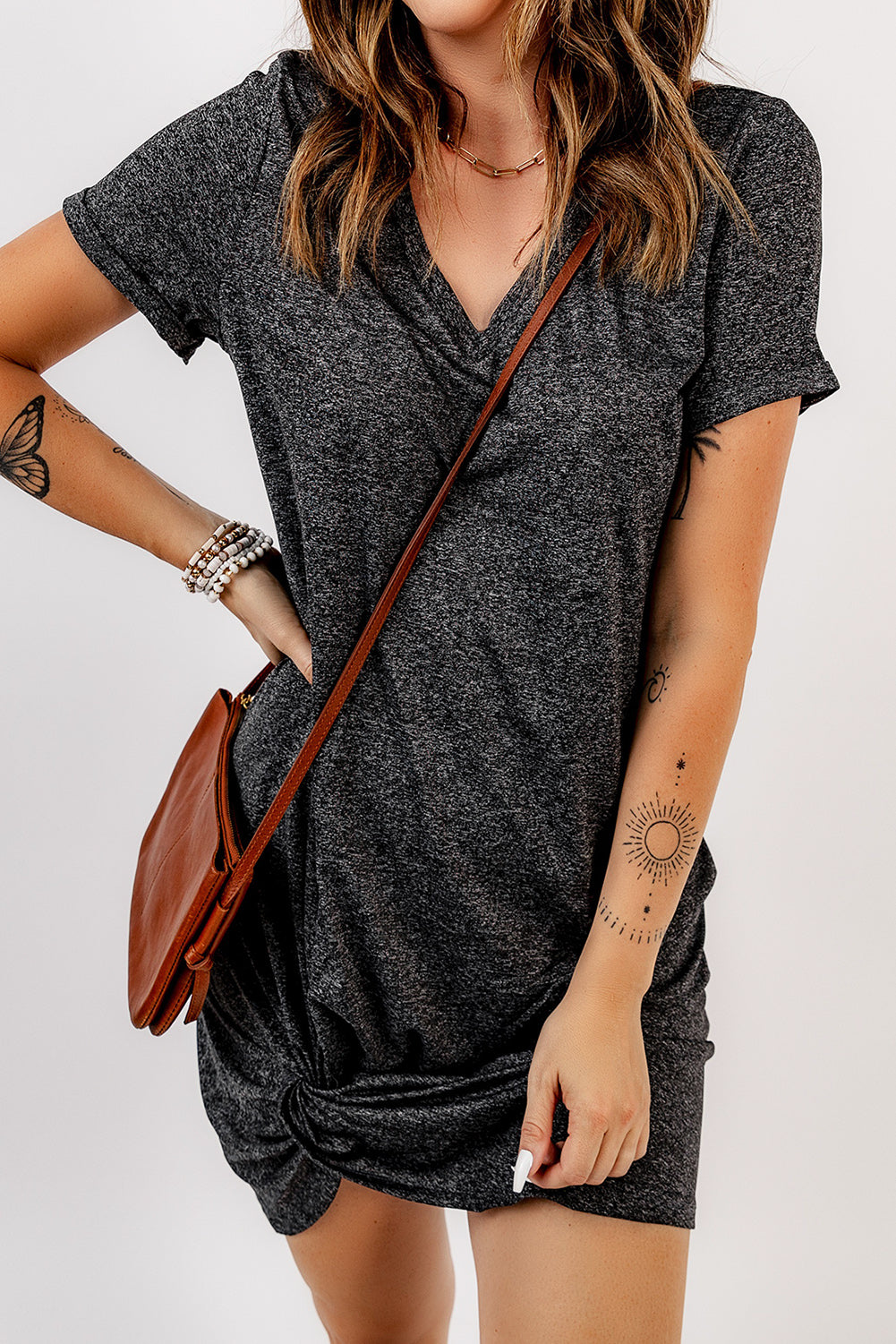 Casual V Neck Short Sleeve Twist Front Short Basics Dress