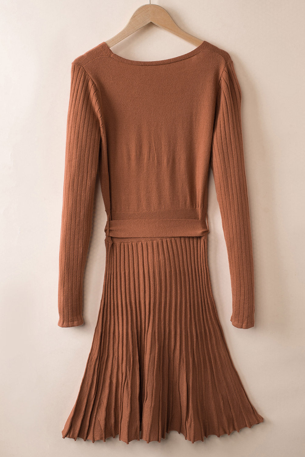 Brown Belted Wrap V Neck Ribbed Pleated Sweater Dress
