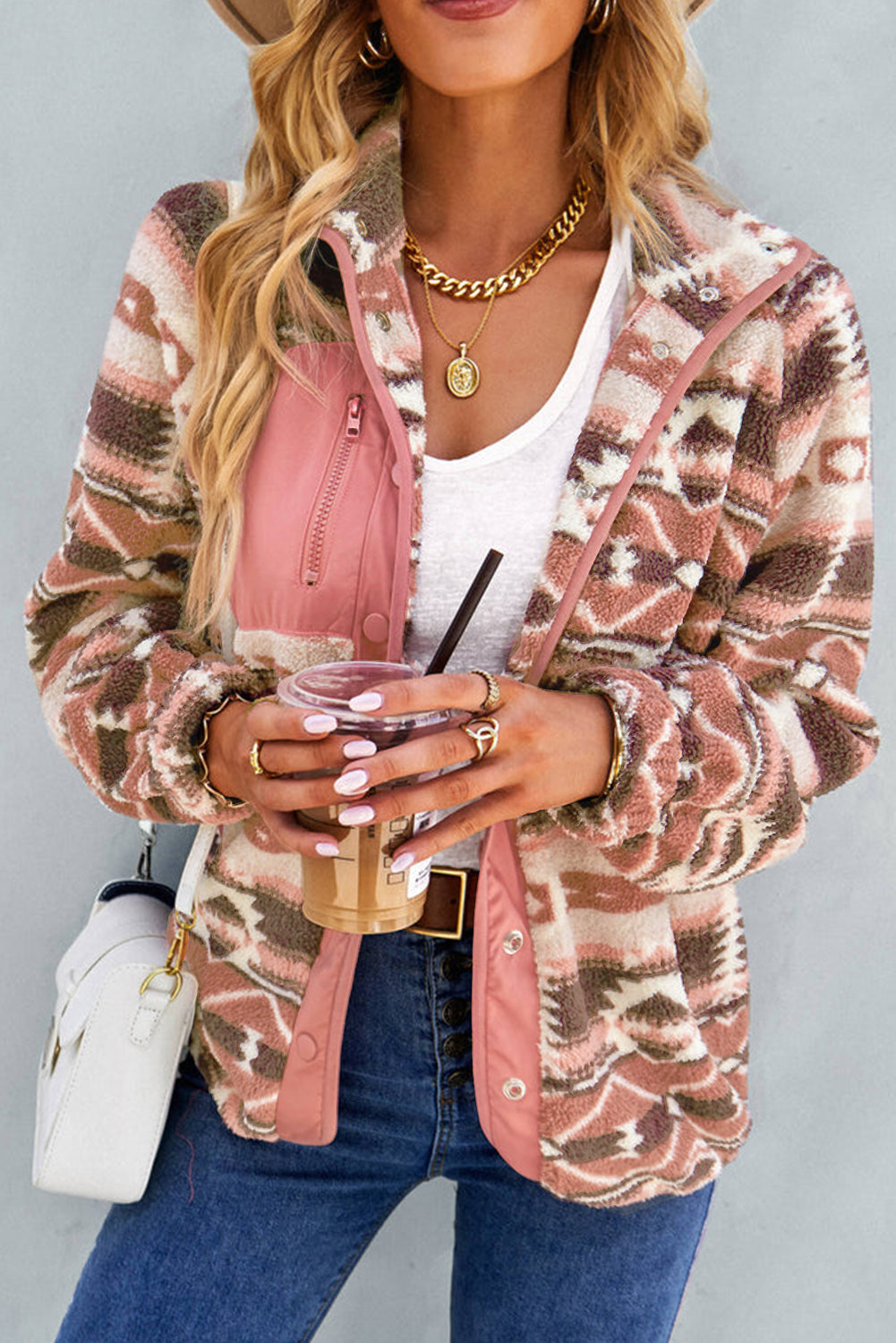 Pink Geometric Colorblock Snap Button Sherpa Jacket