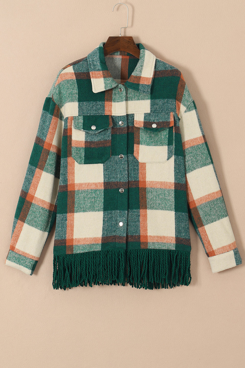 Black Plaid Snap Button Pocket Fringed Hem Shacket