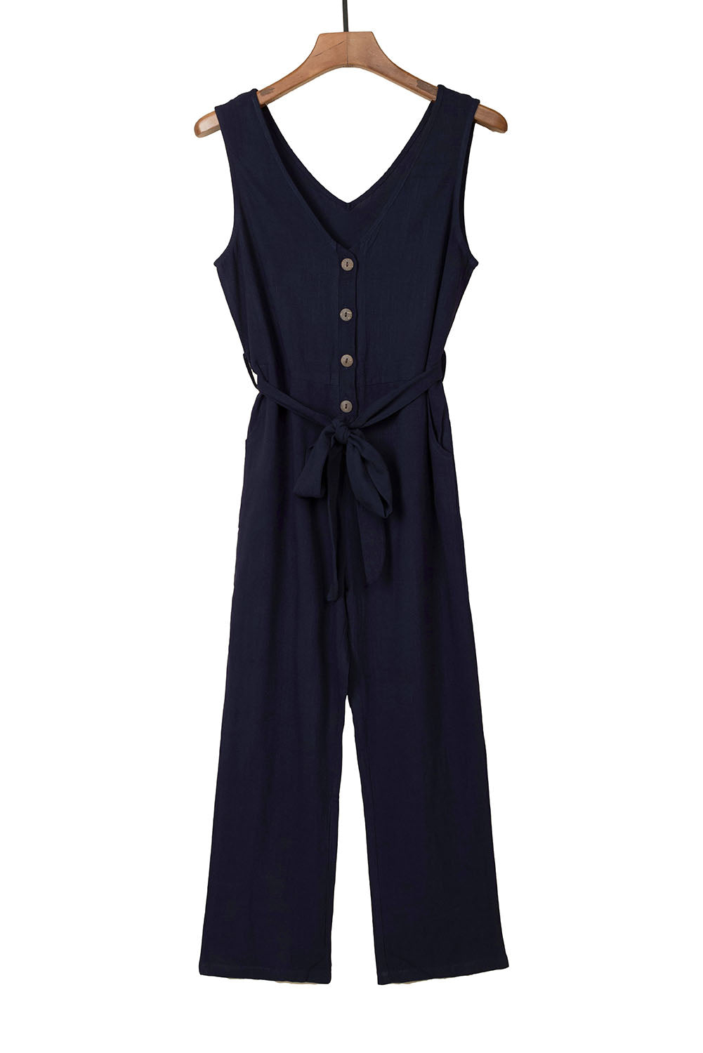 Blue V Neck Button Belted Jumpsuit With Pockets
