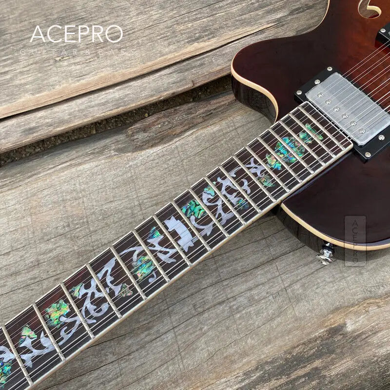 Grote Brown Burst 12 String Electric Guitar, F holes Semi Hollow Body, Abalone Flower Inlays