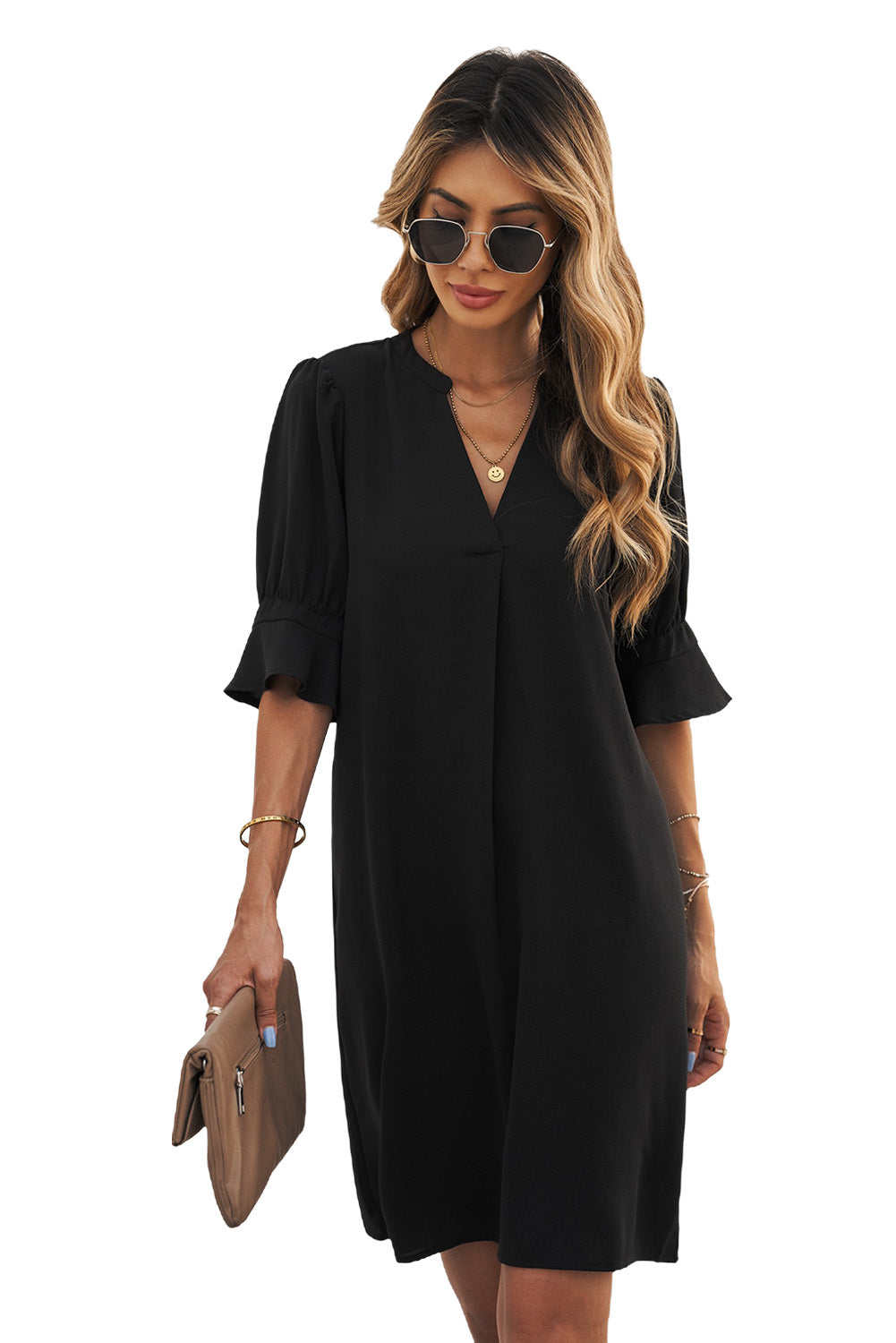 Navy Blue Split V Neck Short Sleeve Tunic Dress