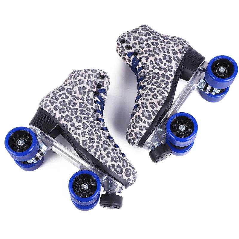 Women's Leopard Spot Suede Leather Quad Roller Skates