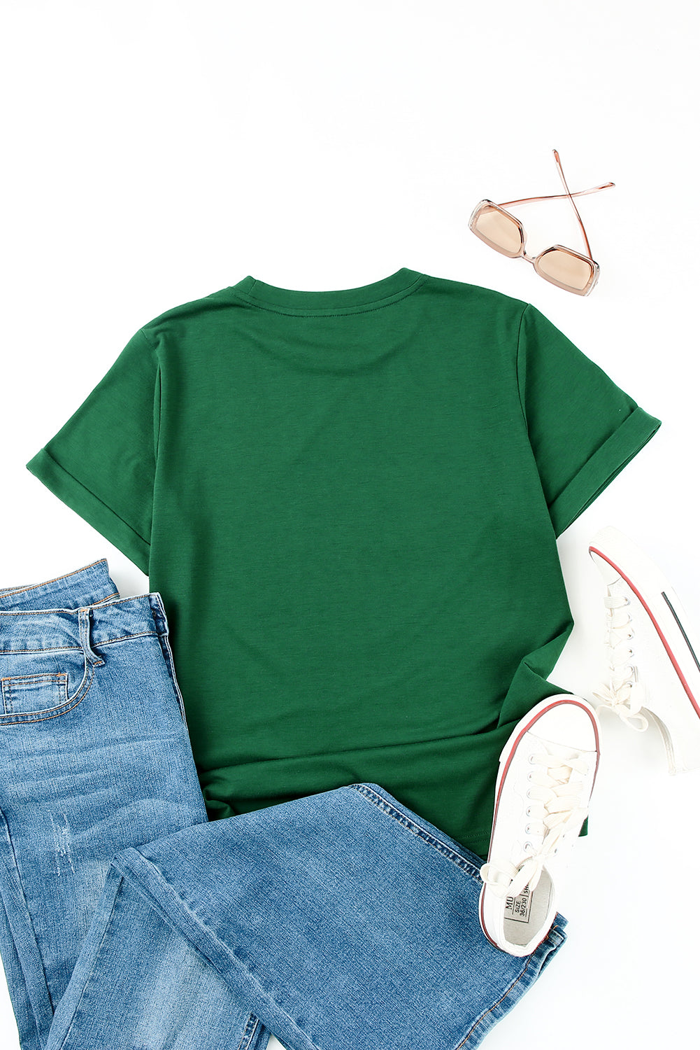 Green Plain Solid Color Crew Neck Tee