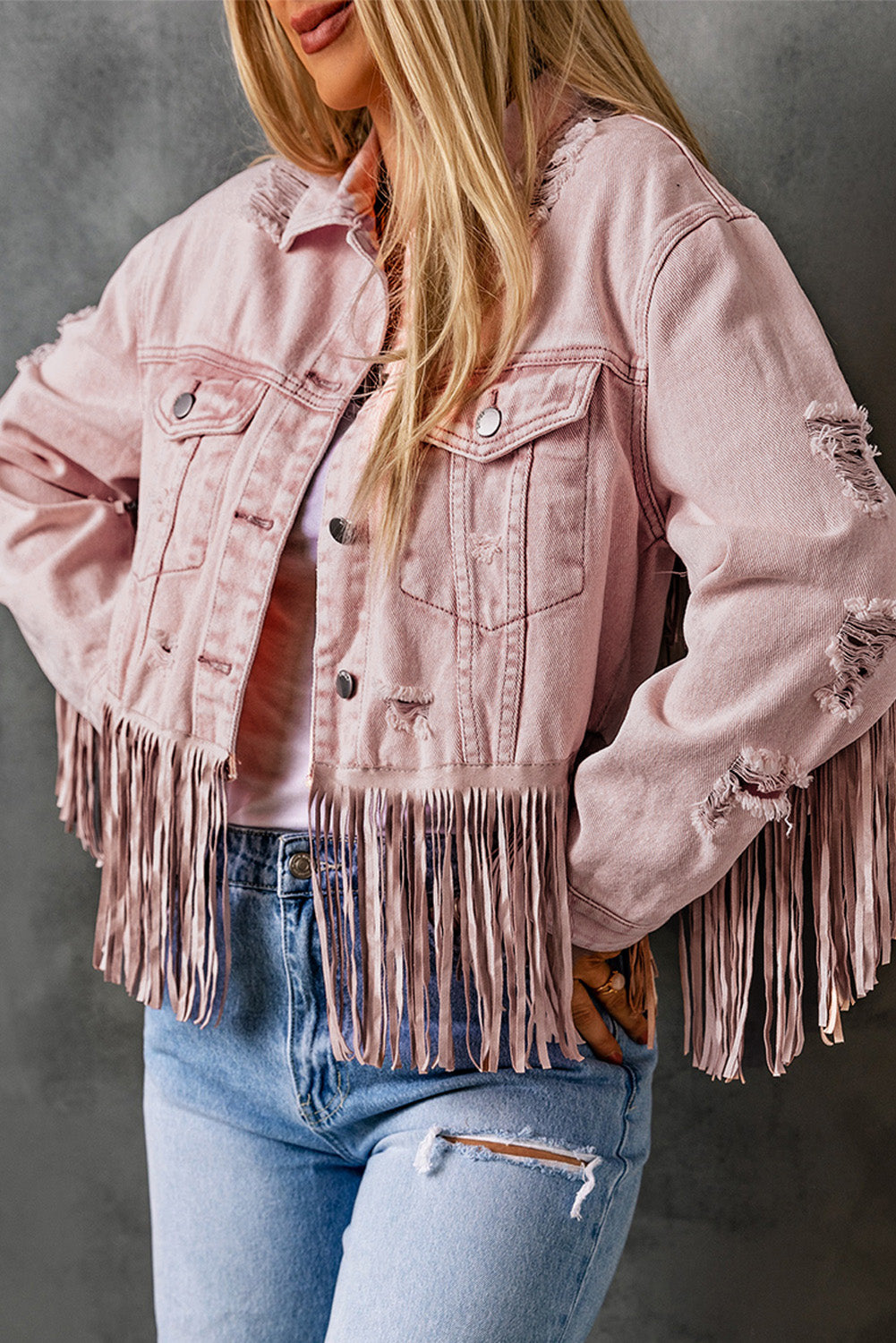 Pink Distressed Ripped Fringe Hem Cropped Denim Jacket