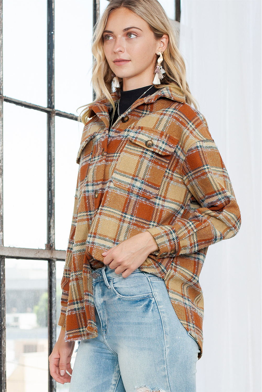 Dark Blue Oversized Flap Pockets Plaid Shacket with Slits
