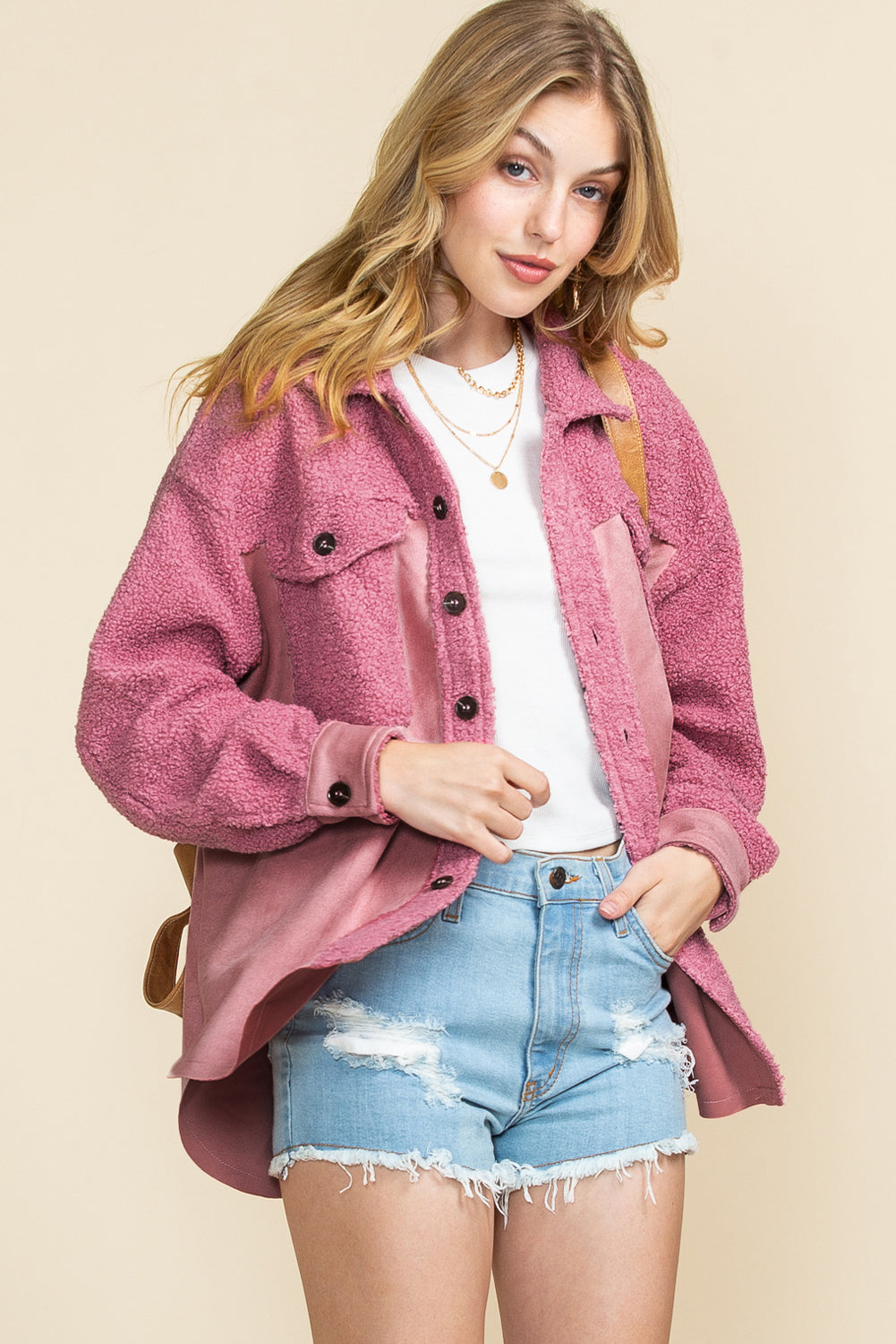 Pink Colorblock Buttoned Flap Pocket Sherpa Jacket