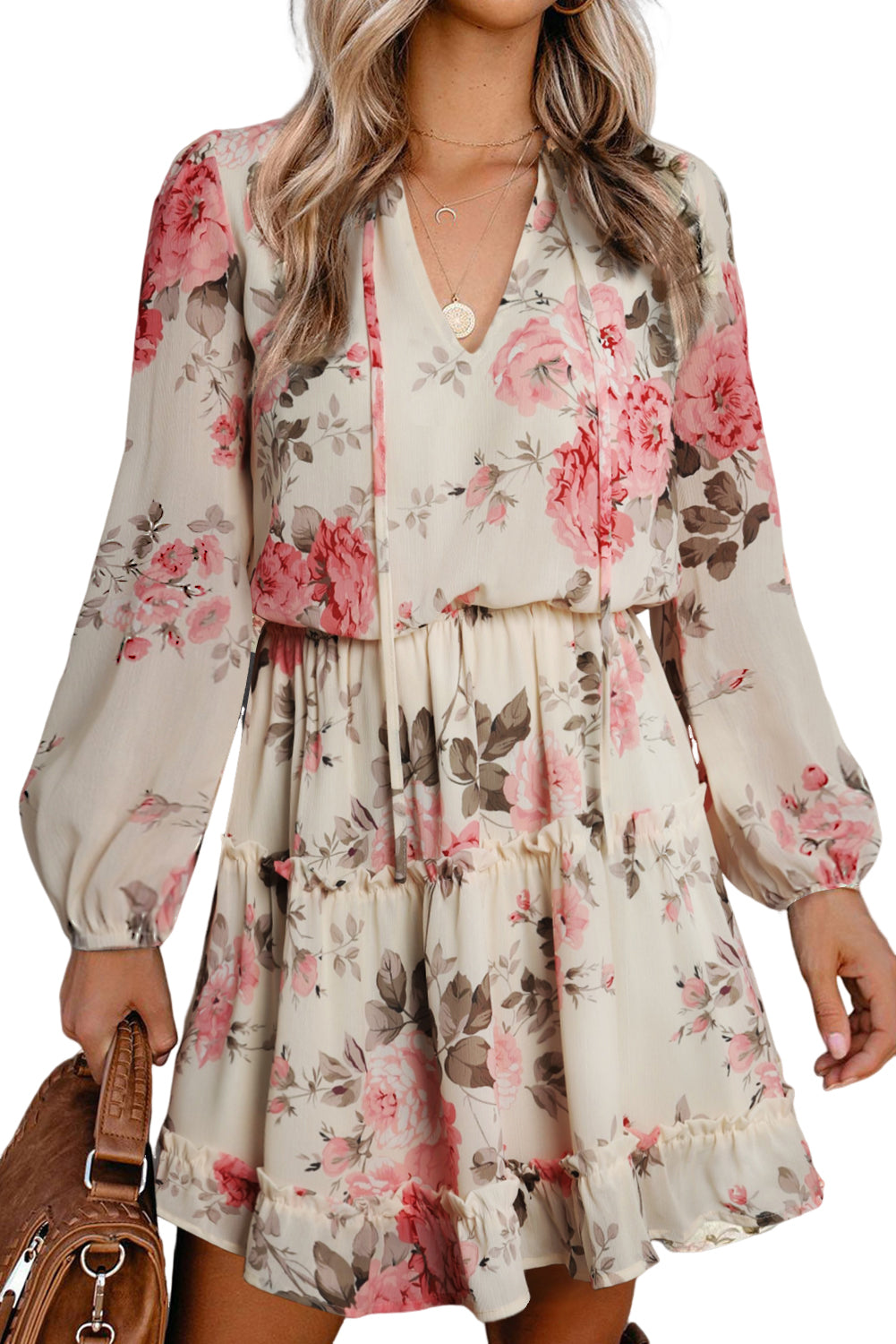 Beige Floral Split Neck Cinched Waist Ruffle Short Dress