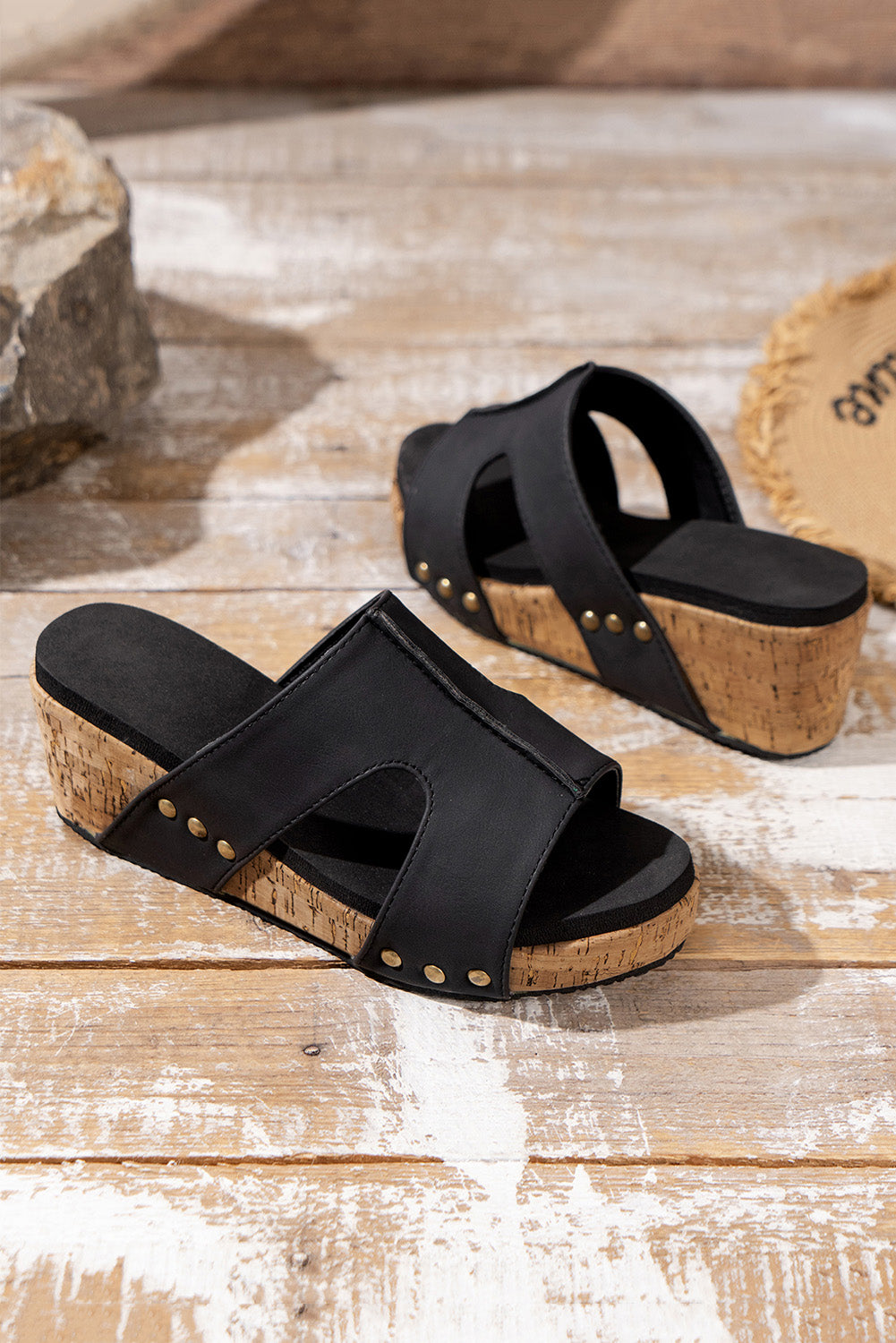 Brown Cut Out Rivet Slip-on Wedge Slippers