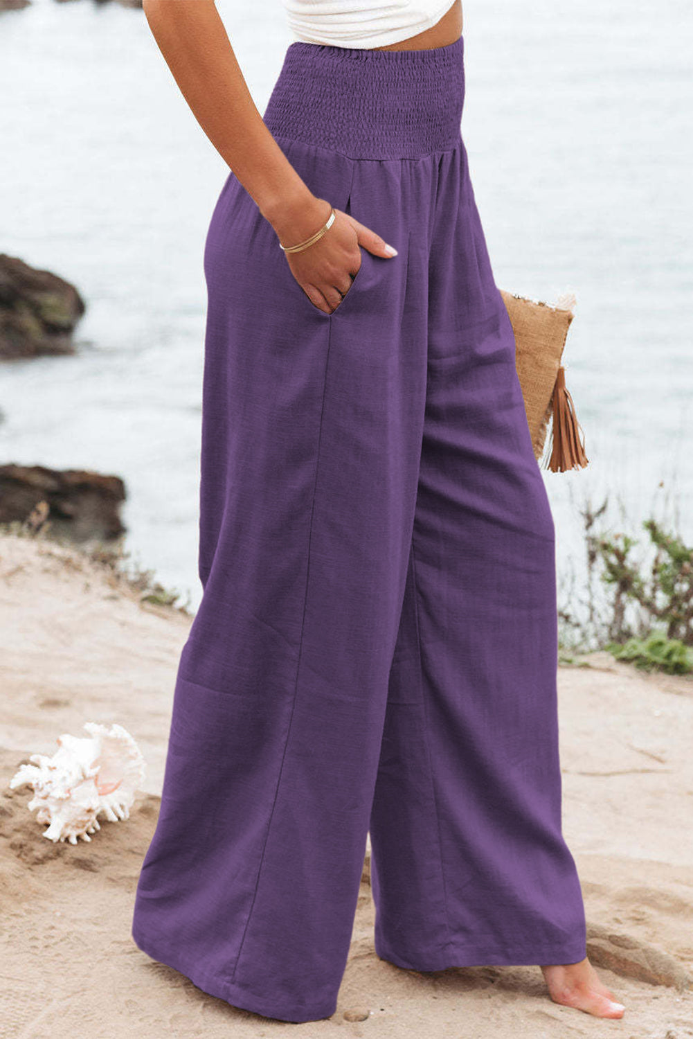 Brown Smocked Wide Waistband High Waist Wide Leg Pants