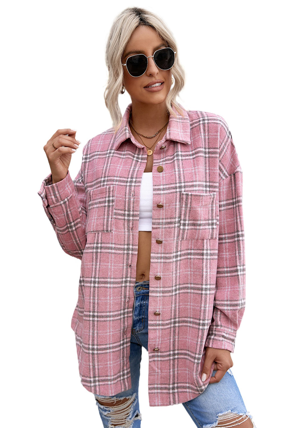 Black Casual Plaid Pattern Buttoned Shirt Shacket with Slit