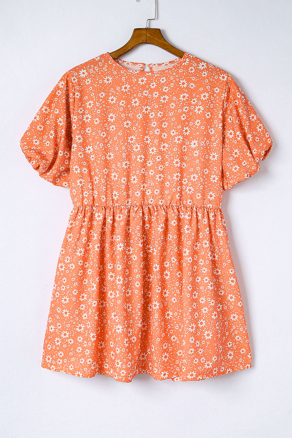 Orange Floral Boho Bishop Sleeve Short Dress