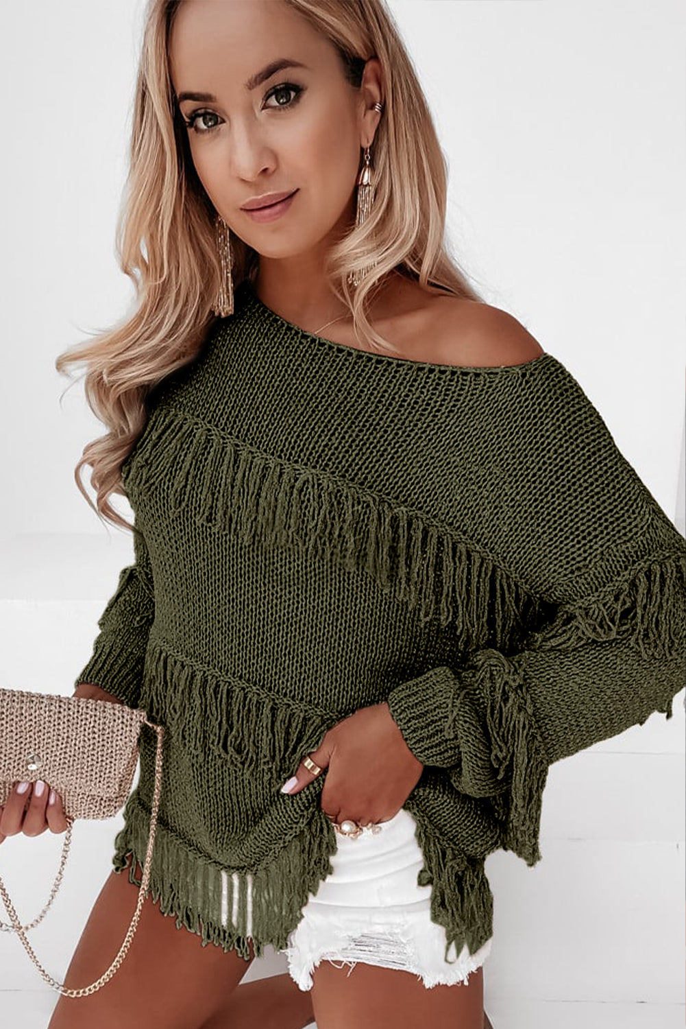 Green Boho Fringe Tasseled Knitted Sweater