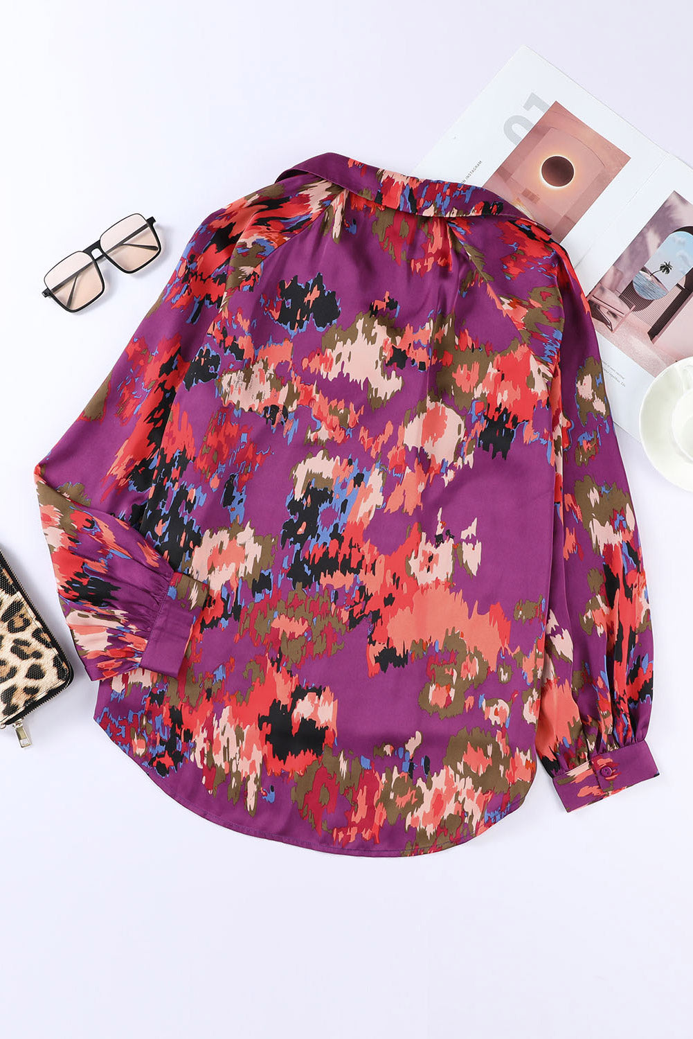Green Graffiti Colorblock Casual V Neck Puff Sleeve Blouse