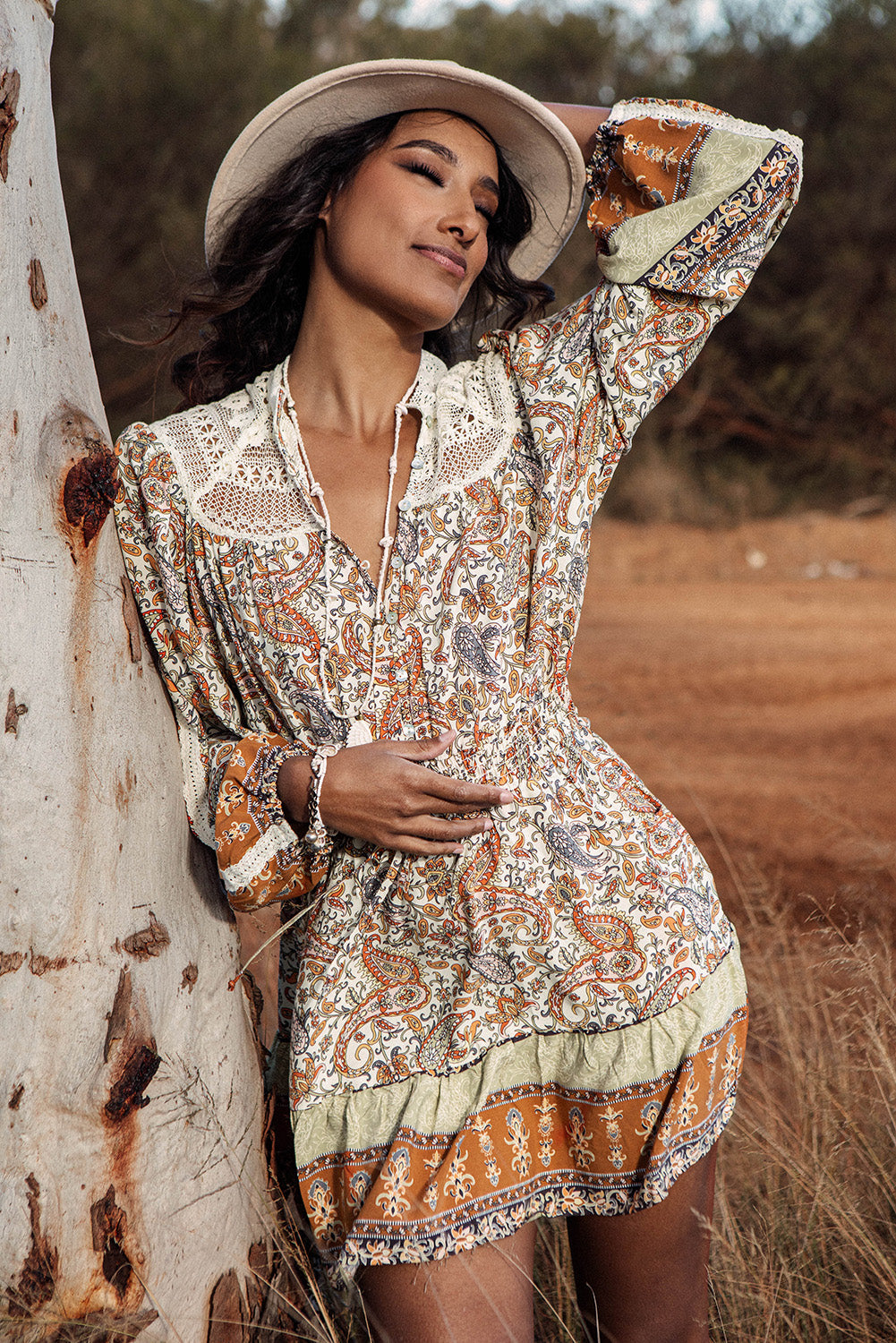 Multicolor Lace Splicing Split Neck Paisley Ruffle Mini Dress