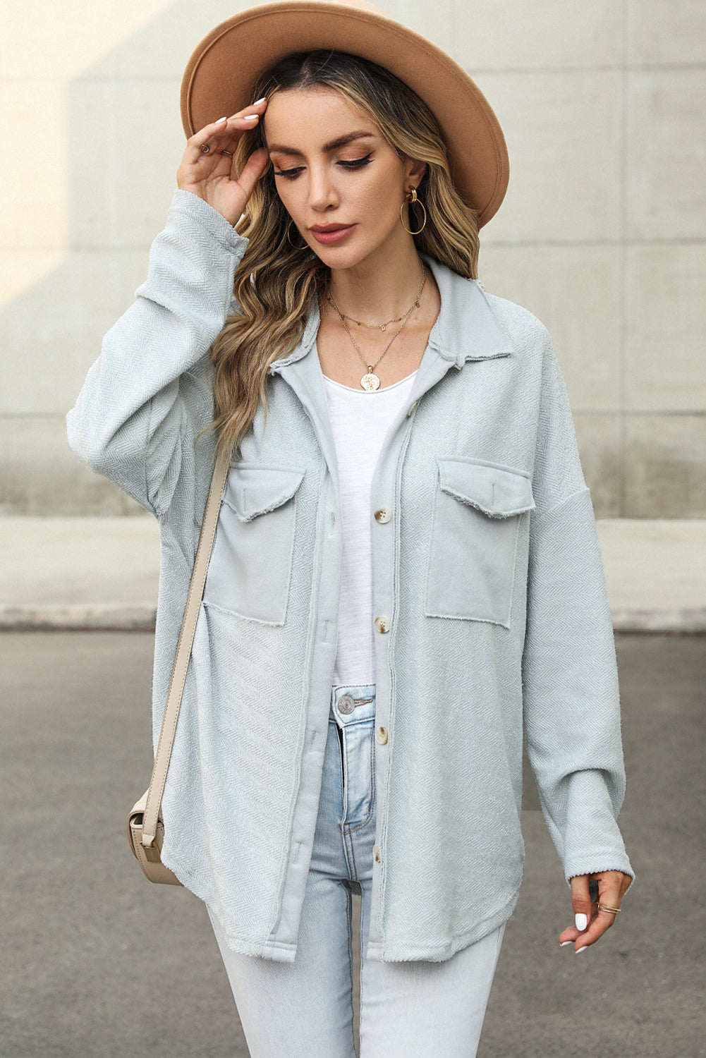 Black Plain Textured Button Up Shirt Shacket with Flap Pockets