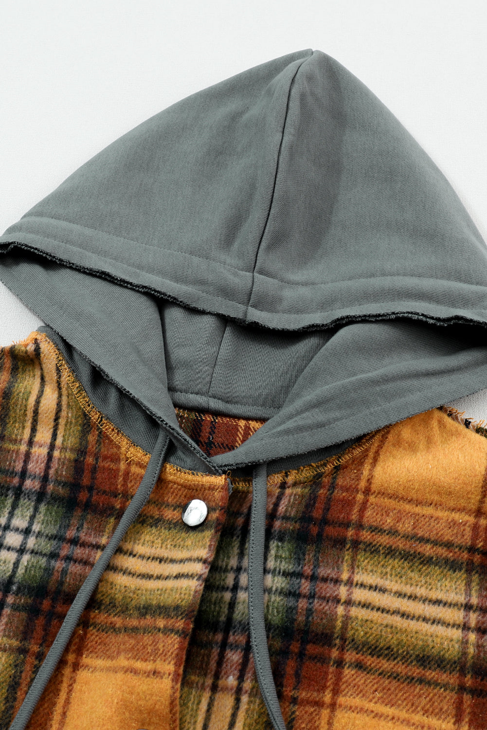 Orange Plaid Patchwork Frayed Trim Snap Button Hooded Jacket
