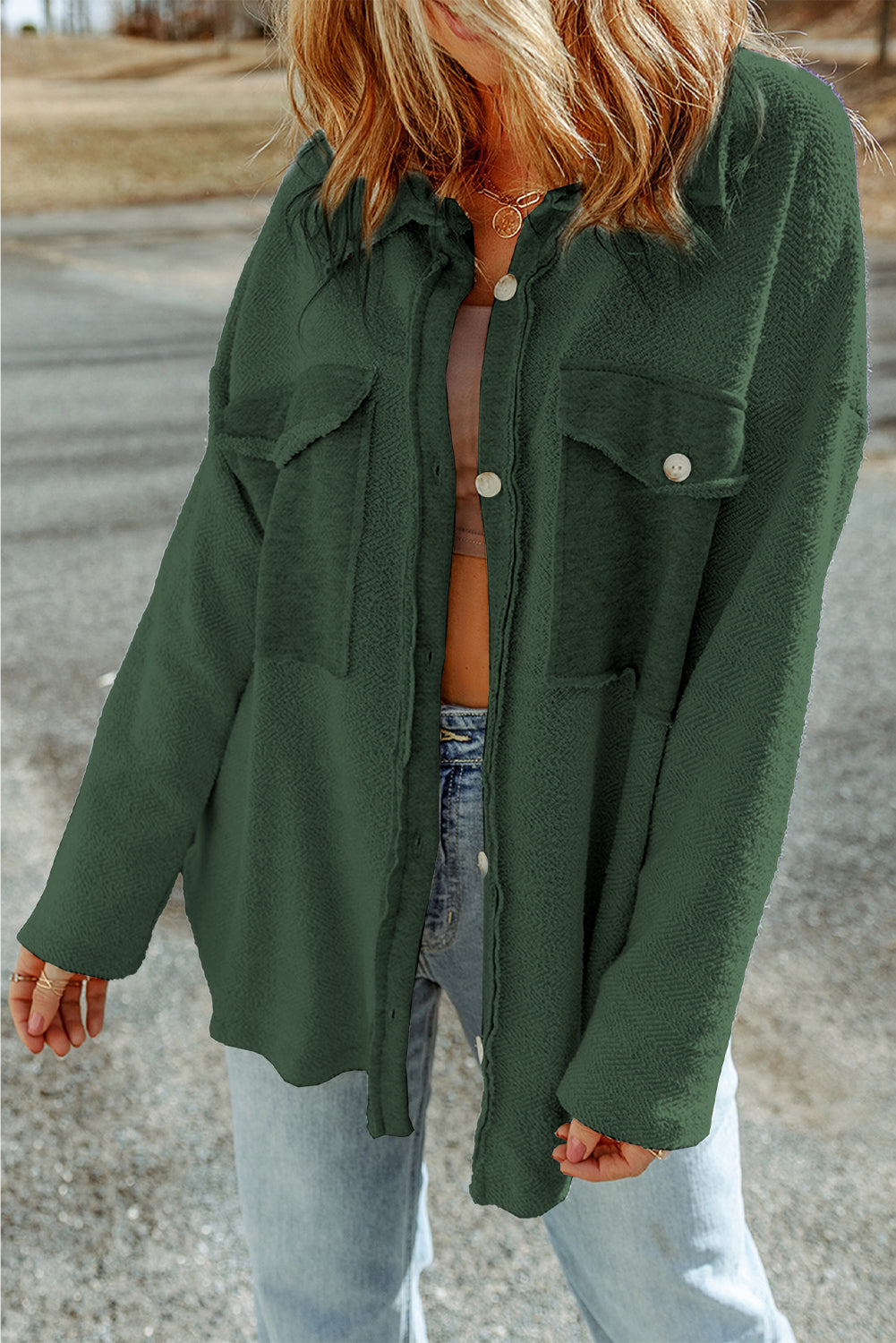 Black Plain Textured Button Up Shirt Shacket with Flap Pockets
