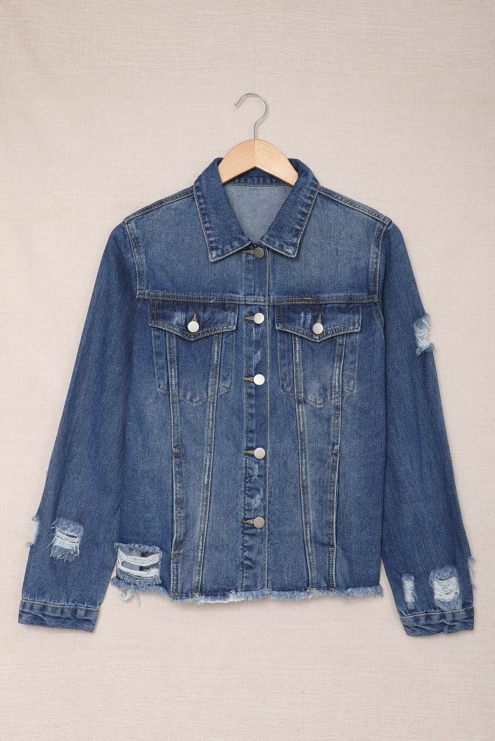 Black Casual Distressed Raw Hem Buttons Denim Jacket