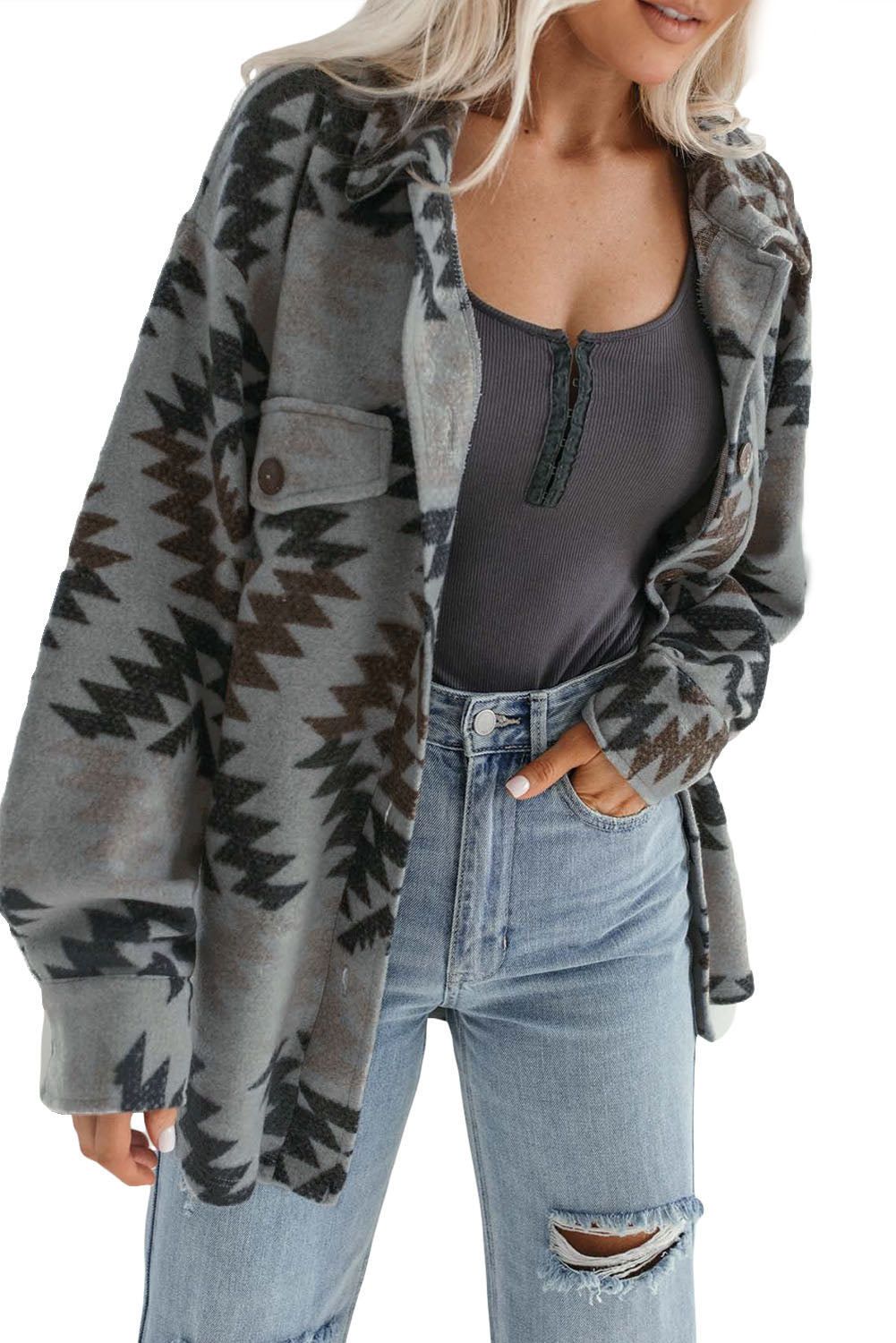Gray Geometric Print Drop Shoulder Casual Shacket