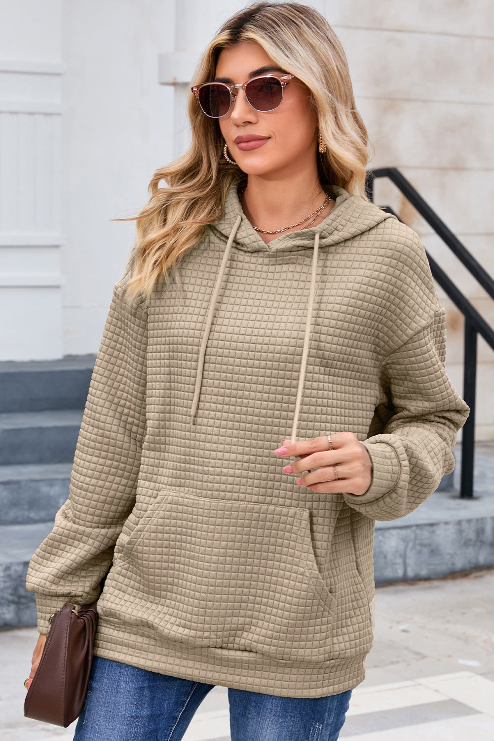 Khaki Lattice Textured Kangaroo Pocket Drawstring Hoodie