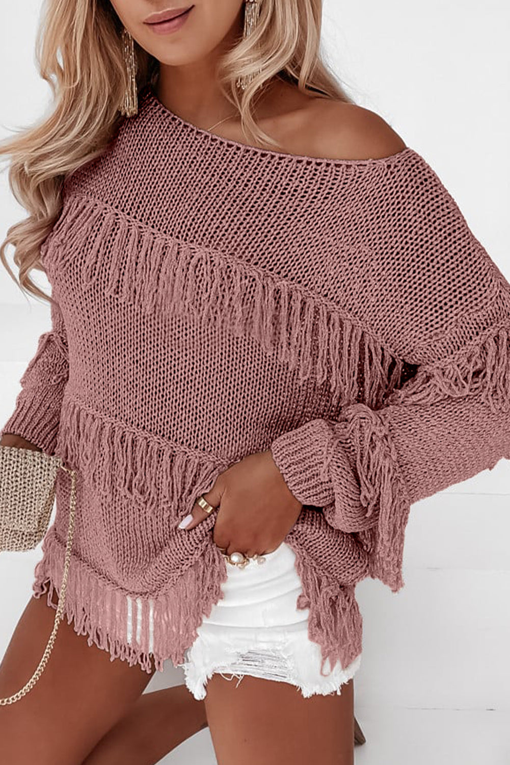 Green Boho Fringe Tasseled Knitted Sweater