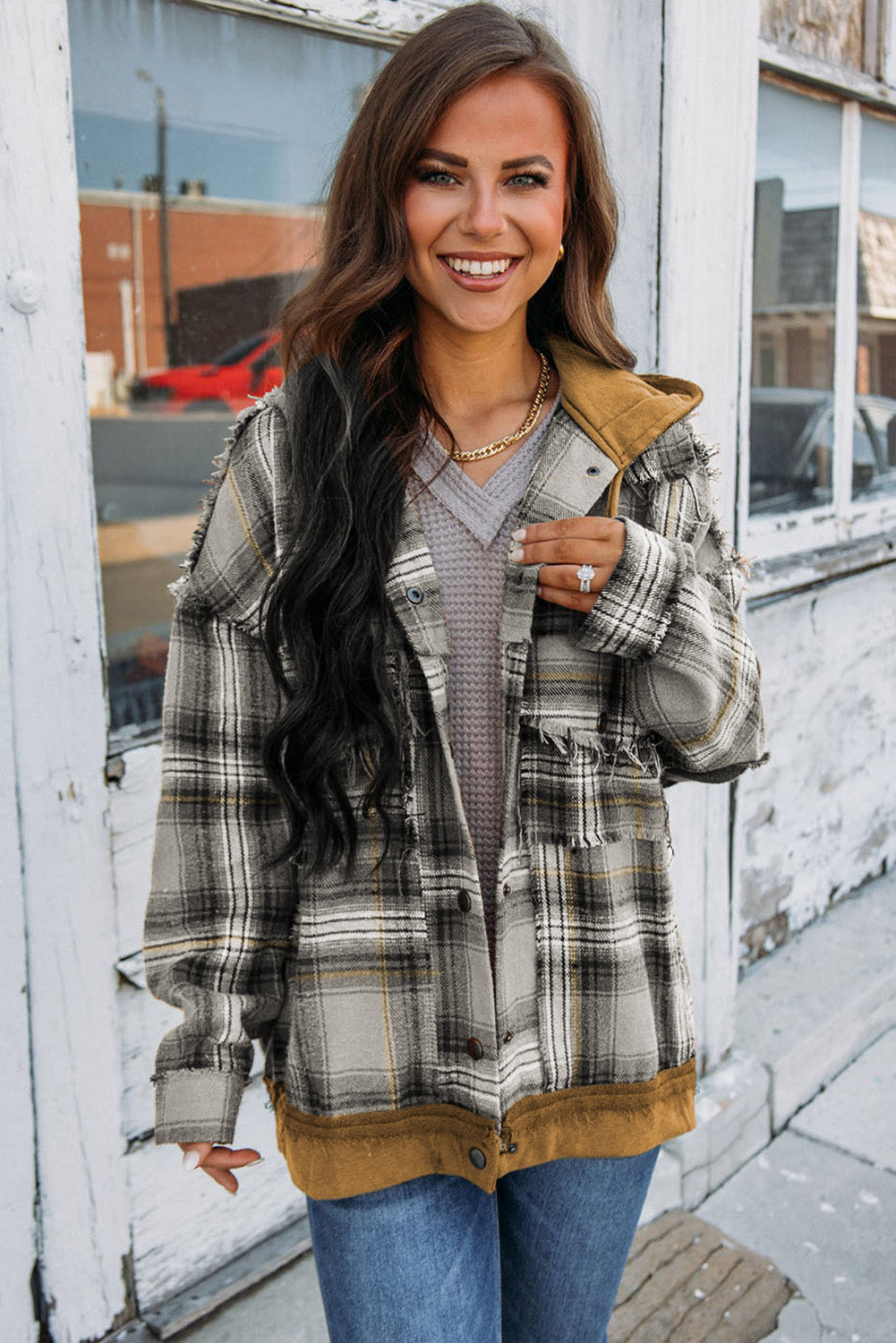Orange Plaid Patchwork Frayed Trim Snap Button Hooded Jacket