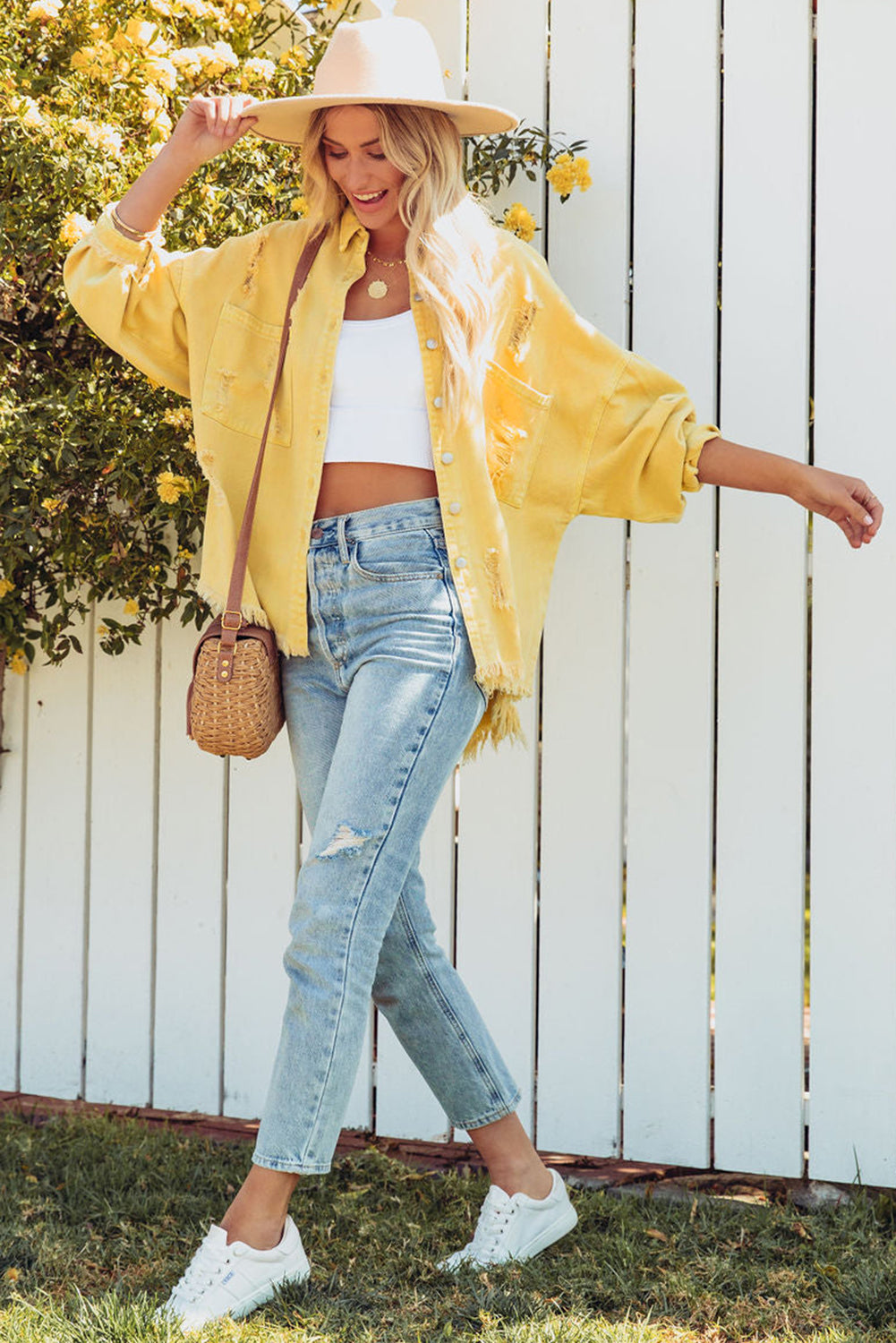 Yellow Distressed Raw Hem Denim Jacket with Chest Pockets