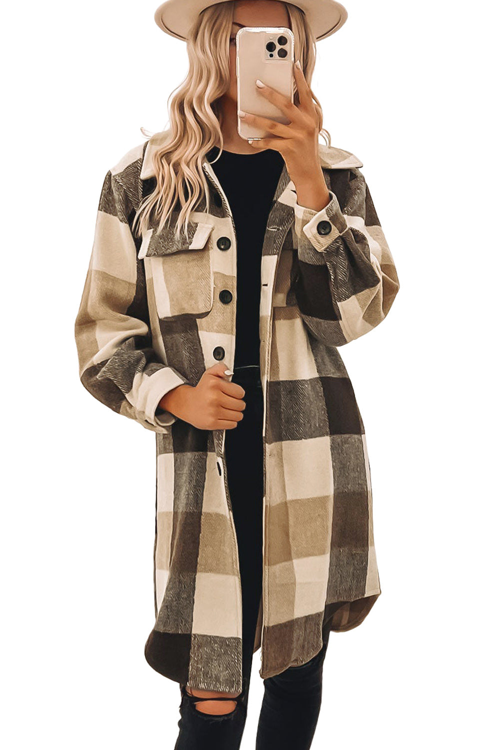 Khaki Plaid Colorblock Button Down Flap Pocket Long Shacket