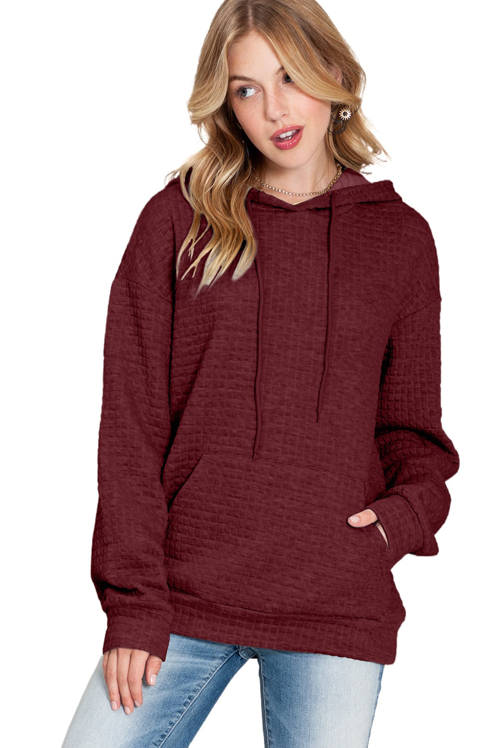 Khaki Lattice Textured Kangaroo Pocket Drawstring Hoodie