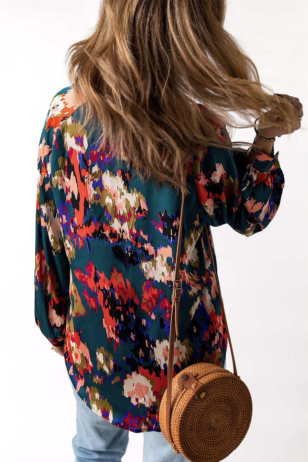 Green Graffiti Colorblock Casual V Neck Puff Sleeve Blouse