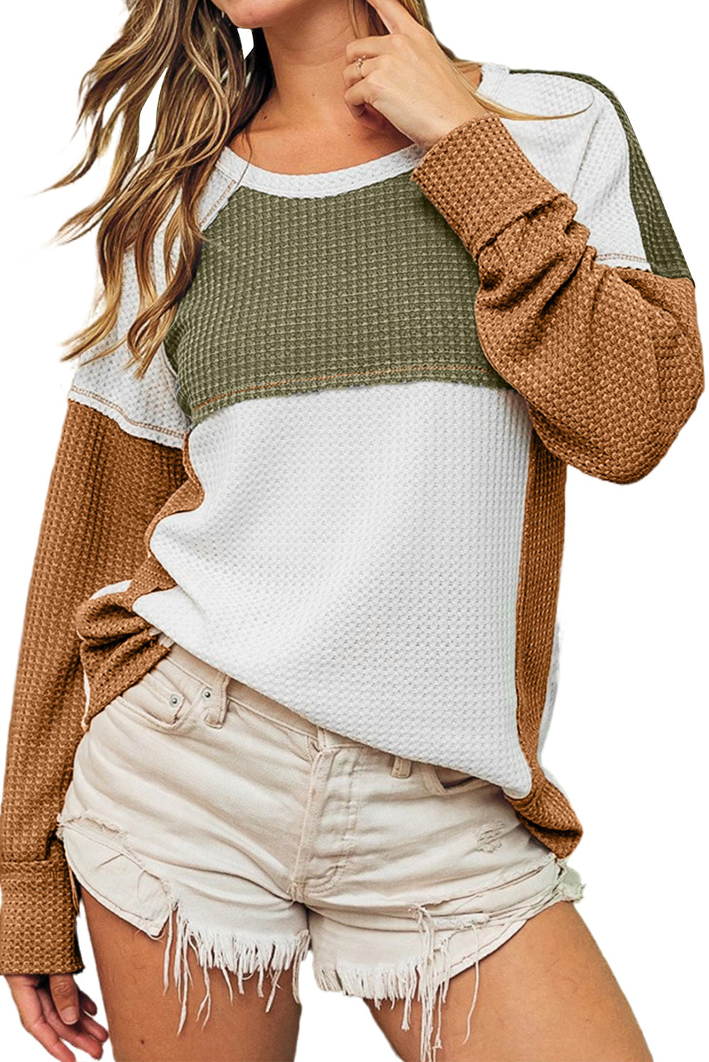 Green Waffle Knit Colorblock Patch Long Sleeve Top