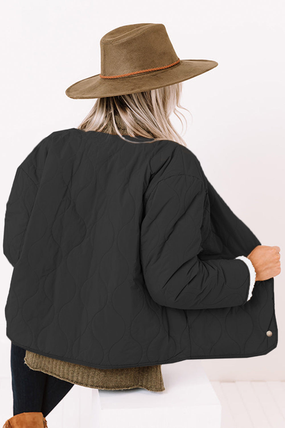 Black Snap Button Furry Reversible Quilted Coat